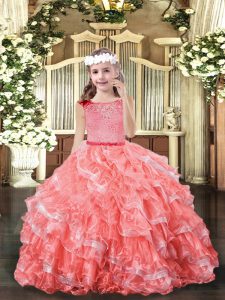 Exquisite Watermelon Red Ball Gowns Lace and Ruffled Layers Pageant Gowns For Girls Zipper Organza Sleeveless Floor Length