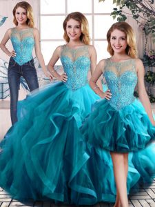 Pretty Floor Length Aqua Blue Vestidos de Quinceanera Tulle Sleeveless Beading and Ruffles