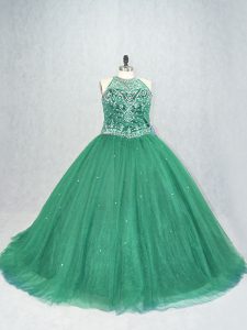 Sleeveless Tulle Brush Train Lace Up Sweet 16 Quinceanera Dress in Green with Beading