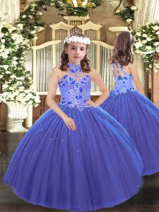 Unique Floor Length Blue Girls Pageant Dresses Tulle Sleeveless Appliques