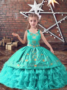 Turquoise Straps Neckline Embroidery and Ruffled Layers Pageant Gowns For Girls Sleeveless Lace Up