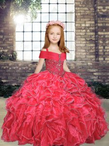 New Style Red Little Girls Pageant Dress Wholesale Party and Wedding Party with Beading and Ruffles Straps Sleeveless Lace Up