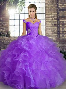 Fabulous Lavender Ball Gowns Beading and Ruffles Vestidos de Quinceanera Lace Up Organza Sleeveless Floor Length