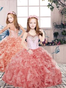 Red Ball Gowns Organza Scoop Sleeveless Beading and Ruffles Floor Length Zipper Little Girls Pageant Dress Wholesale