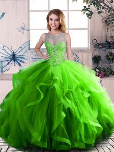 Custom Design Scoop Sleeveless Lace Up Quinceanera Gowns Green Tulle