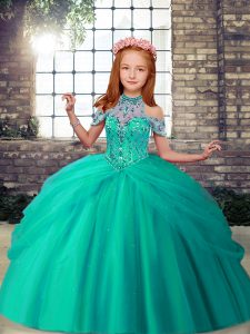 Adorable Beading Kids Pageant Dress Turquoise Lace Up Sleeveless Floor Length