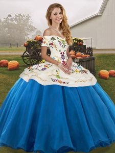 Floor Length Blue And White 15th Birthday Dress Tulle Sleeveless Embroidery