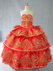 Inexpensive Satin Sweetheart Sleeveless Lace Up Embroidery and Ruffled Layers Kids Formal Wear in Red