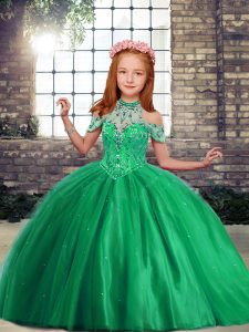 High-neck Sleeveless Kids Pageant Dress Floor Length Beading Green Tulle