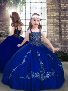 Royal Blue Ball Gowns Straps Sleeveless Lace Floor Length Lace Up Beading Child Pageant Dress