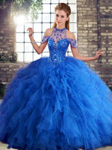Dazzling Sleeveless Tulle Floor Length Lace Up Vestidos de Quinceanera in Royal Blue with Beading and Ruffles