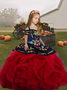 Embroidery and Ruffles Pageant Gowns For Girls Red Lace Up Sleeveless Floor Length