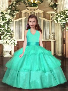 Floor Length Turquoise Little Girls Pageant Gowns Strapless Sleeveless Lace Up