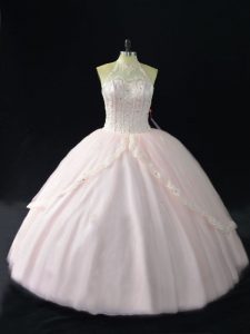 Hot Sale Pink Ball Gowns Beading and Appliques Quinceanera Dress Lace Up Tulle Sleeveless Floor Length