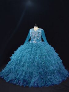 Suitable Floor Length Ball Gowns Long Sleeves Teal Quinceanera Dresses Lace Up