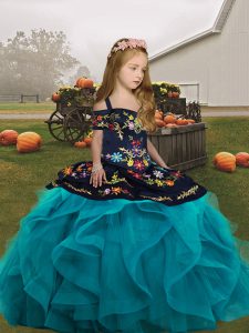 Straps Sleeveless Lace Up Girls Pageant Dresses Teal Tulle