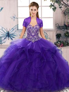 Floor Length Lace Up 15th Birthday Dress Purple for Military Ball and Sweet 16 and Quinceanera with Beading and Ruffles