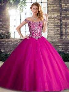 Off The Shoulder Sleeveless 15 Quinceanera Dress Brush Train Beading Fuchsia Tulle
