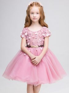 Pink Lace Up Scoop Lace and Belt Little Girl Pageant Dress Tulle Short Sleeves