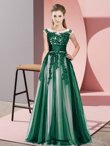 Fitting Tulle Scoop Sleeveless Zipper Beading and Lace Dama Dress in Dark Green