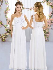 White Sleeveless Floor Length Hand Made Flower Lace Up Vestidos de Damas