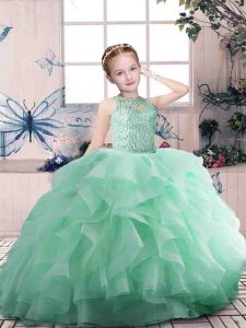 Beading and Ruffles Little Girls Pageant Dress Apple Green Zipper Sleeveless Floor Length