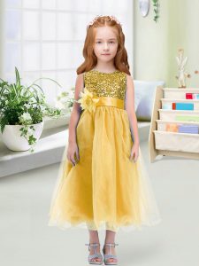 Sleeveless Organza Tea Length Zipper Little Girl Pageant Dress in Gold with Sequins and Hand Made Flower