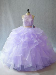 Classical Lavender Sweet 16 Dresses Organza Brush Train Sleeveless Beading and Ruffles