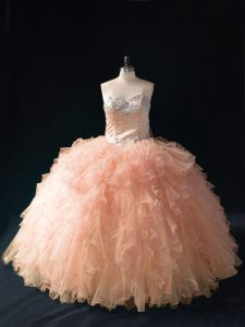 Glorious Peach Sweetheart Lace Up Beading and Ruffles Sweet 16 Dress Sleeveless