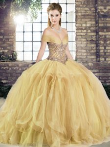 Customized Gold Ball Gowns Tulle Off The Shoulder Sleeveless Beading and Ruffles Floor Length Lace Up Sweet 16 Dress