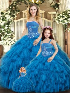 Beautiful Blue Sleeveless Tulle Lace Up Quince Ball Gowns for Sweet 16 and Quinceanera