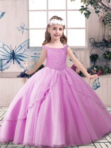Tulle Off The Shoulder Sleeveless Lace Up Beading Little Girls Pageant Dress in Lilac