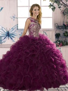 On Sale Dark Purple Lace Up Quinceanera Gowns Beading and Ruffles Sleeveless Floor Length