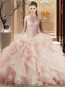 Organza Sleeveless 15th Birthday Dress Brush Train and Beading and Ruffles