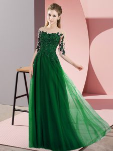 Bateau Half Sleeves Quinceanera Court of Honor Dress Floor Length Beading and Lace Dark Green Chiffon