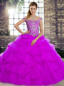 Pretty Sleeveless Tulle Brush Train Lace Up Sweet 16 Dress in Purple with Beading and Pick Ups