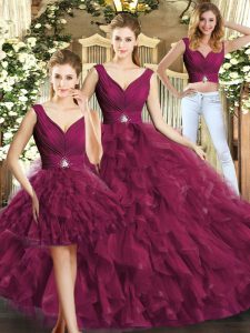 Sleeveless Floor Length Beading and Ruffles Backless Quinceanera Gown with Burgundy