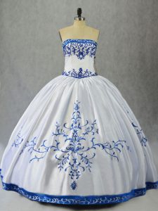 Extravagant Blue And White Strapless Lace Up Embroidery Quinceanera Dresses Sleeveless
