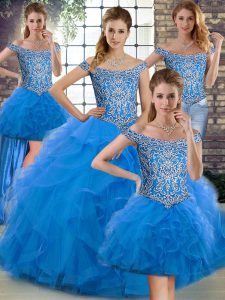 Clearance Blue Tulle Lace Up Quince Ball Gowns Sleeveless Brush Train Beading and Ruffles