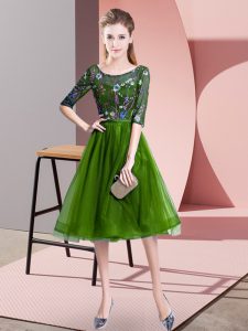 Green Half Sleeves Knee Length Embroidery Lace Up Dama Dress