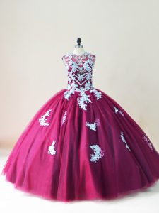 Burgundy Lace Up Scoop Beading and Appliques Quinceanera Gowns Tulle Sleeveless