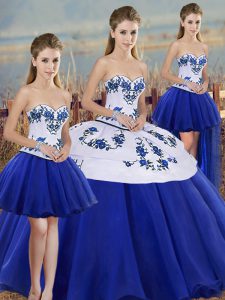 Most Popular Royal Blue Sweetheart Neckline Embroidery and Bowknot Quince Ball Gowns Sleeveless Lace Up