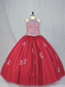 Red Ball Gowns Beading and Appliques Quinceanera Dresses Lace Up Tulle Sleeveless Floor Length