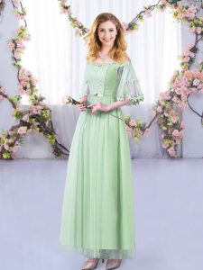 Apple Green Empire Tulle Off The Shoulder Half Sleeves Lace and Belt Floor Length Side Zipper Damas Dress