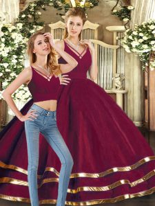 Elegant Burgundy Backless Sweet 16 Dress Ruffled Layers Sleeveless Floor Length