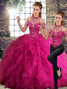 Captivating Fuchsia Lace Up Sweet 16 Dress Beading and Ruffles Sleeveless Floor Length