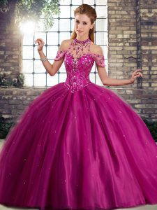 Custom Fit Fuchsia Ball Gown Prom Dress Military Ball and Sweet 16 and Quinceanera with Beading Halter Top Sleeveless Brush Train Lace Up
