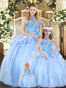 Best Selling Blue Sleeveless Organza Lace Up Quinceanera Dress for Military Ball and Sweet 16 and Quinceanera