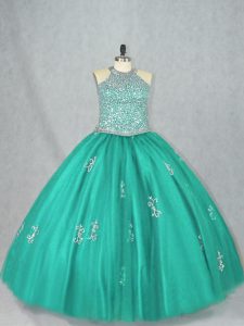 Fashion Ball Gowns Quinceanera Dresses Turquoise Halter Top Tulle Sleeveless Floor Length Lace Up