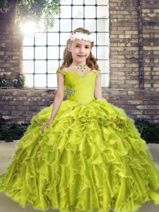 Yellow Green Little Girls Pageant Dress Wholesale Prom and Military Ball with Beading and Ruffles Straps Sleeveless Lace Up